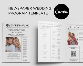 Newspaper Wedding Program Template, Editable Wedding Infographic, Unique Wedding Program, Printable Wedding Timeline, Wedding Word Search