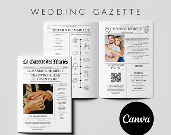 La Gazette des Mariés Modèle Faire Part Mariage Vorlage Canva Einladung Personalisierbare Mariage Journal Mariage Modèle, Mariage Einladung