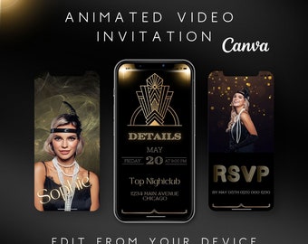 Invitation animée d'anniversaire Art déco, invitation vidéo numérique Gatsby | Invitation vidéo | Faire-part numérique | Modèle modifiable Canvas 50e