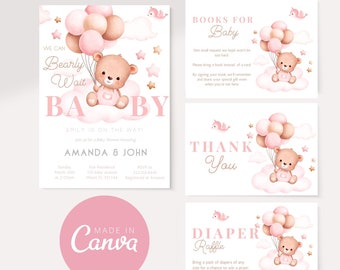 Editable Brown Bear Balloon Baby Shower Invitation Bundle, We Can Bearly Wait Baby Shower Invite, Pink Boho Bear Girl Baby Shower, CANVA