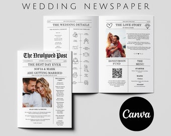 Plantilla de periódico de bodas, programa de bodas de ceremonia, plantilla de programa de bodas, programa imprimible, plantilla editable minimalista moderna Canva