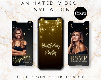 Modèle d'invitation d'anniversaire pour femme | Invitation vidéo numérique | Invitation animée | Invitation d'anniversaire numérique | Modèle modifiable Canvas