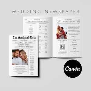 May include: A wedding announcement in the style of a newspaper. The headline reads "The Best Day Ever Sofia & Mark Are Getting Married". The announcement includes a photo of the couple, a wedding day timeline, and details about the wedding party.