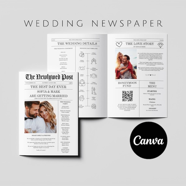 Plantilla de periódico de bodas, programa de bodas de ceremonia, plantilla de programa de bodas, programa imprimible, plantilla editable minimalista moderna Canva