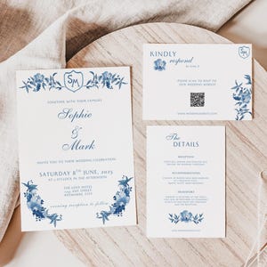 Dusty Blue Wedding Invitation Bundle, Chinoiserie Wedding Invite Suite RSVP with QR Code French Floral  Editable canva, wedding monogram