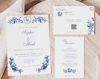 Dusty Blue Floral Wedding Invitation Suite: Editable Canva Template