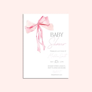 Rosa Bogen-Babyparty-Einladungsvorlage, Baby-Mädchen, Kokette Babyparty einladen, Baby-Dusche-Einladung bedruckbar, Kokette Schleife, CANVA