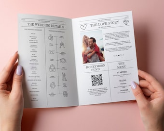 Plantilla de programa de bodas de periódico, infografía de bodas editable, programa de bodas único, cronología de bodas imprimible, hochzeitszeitung