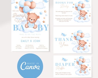 Editable Brown Bear Balloon Baby Shower Invitation Bundle, We Can Bearly Wait Baby Shower Invite, Blue Boho Bear Boy Baby Shower, CANVA