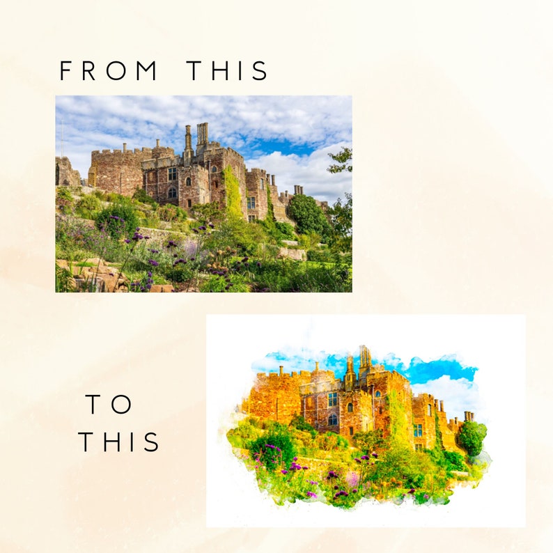 May include: A watercolor painting of a stone castle with ivy growing on the walls. The castle is surrounded by green trees and bushes. The sky is blue with white clouds.
