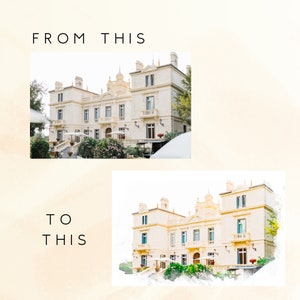 Peut inclure: Une peinture &agrave; l'aquarelle d'un grand b&acirc;timent blanc &agrave; plusieurs &eacute;tages avec une entr&eacute;e centrale et une grande fen&ecirc;tre cintr&eacute;e. Le b&acirc;timent est entour&eacute; d'arbres et de buissons, et il y a plusieurs tables et chaises devant.