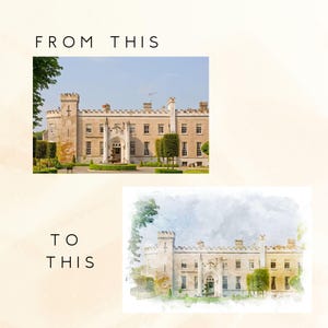 May include: A watercolor painting of a large, beige building with a tall, pointed roof and many windows. The building is surrounded by green trees and bushes. The painting has a soft, dreamy feel.