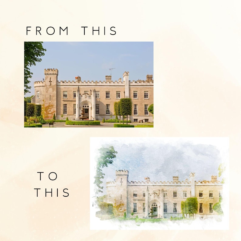 May include: A watercolor painting of a large, beige building with a tall, pointed roof and many windows. The building is surrounded by green trees and bushes. The painting has a soft, dreamy feel.