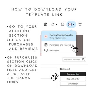 K&ouml;nnte beinhalten: Screenshot eines Canva Studio Creator-Kontos, das zeigt, wie man gekaufte Vorlagen herunterl&auml;dt. Der Bildschirm zeigt ein Men&uuml; mit Optionen zum Anzeigen Ihres Profils, Ihrer K&auml;ufe und Bewertungen sowie Ihrer Nachrichten. Der Benutzer wird aufgefordert, auf die Option "K&auml;ufe und Bewertungen" und dann auf die Schaltfl&auml;che "Dateien herunterladen" zu klicken, um ein PDF mit den Canva-Links herunterzuladen.
