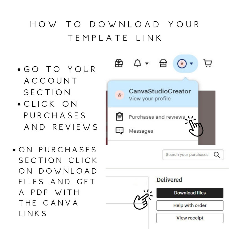 K&ouml;nnte beinhalten: Screenshot eines Canva Studio Creator-Kontos, das zeigt, wie man gekaufte Vorlagen herunterl&auml;dt. Der Bildschirm zeigt ein Men&uuml; mit Optionen zum Anzeigen Ihres Profils, Ihrer K&auml;ufe und Bewertungen sowie Ihrer Nachrichten. Der Benutzer wird aufgefordert, auf die Option "K&auml;ufe und Bewertungen" und dann auf die Schaltfl&auml;che "Dateien herunterladen" zu klicken, um ein PDF mit den Canva-Links herunterzuladen.