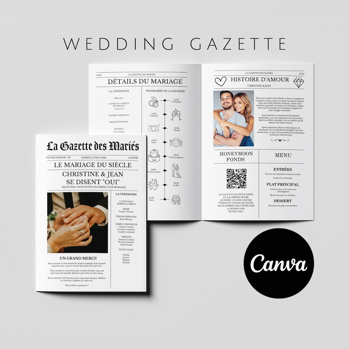 Gazette des mariés à personnaliser Canva - Moderne et Élégant - Journal de mariage PDF