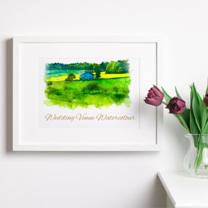 Peut inclure: Peinture &agrave; l'aquarelle d'un lieu de r&eacute;ception de mariage dans un cadre rural. La peinture repr&eacute;sente une maison bleue, des arbres verts et un champ jaune. Le texte "Wedding Venue Watercolor" est &eacute;crit sous la peinture.