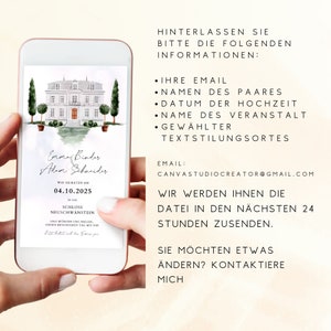 May include: A digital invitation for a wedding at Neuschwanstein Castle on October 4, 2025. The invitation features a watercolor illustration of a castle with trees and the text "Emma Binder & Adam Scharider".