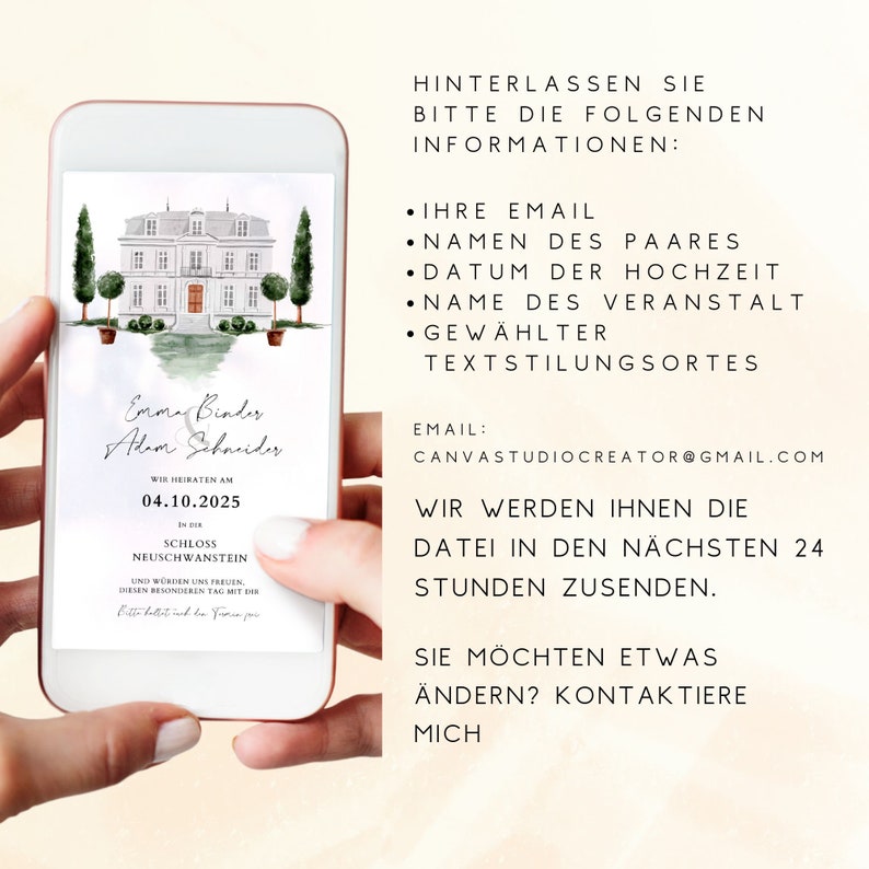 May include: A digital invitation for a wedding at Neuschwanstein Castle on October 4, 2025. The invitation features a watercolor illustration of a castle with trees and the text "Emma Binder & Adam Scharider".