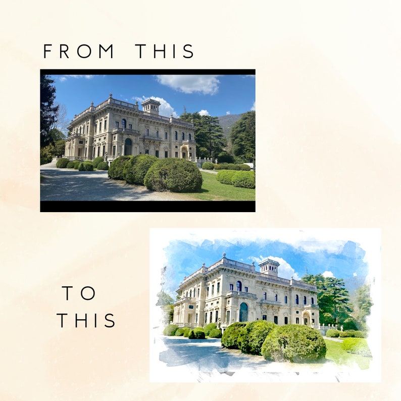 May include: A watercolor painting of a large, white, multi-story building with a blue sky and green trees in the background.
