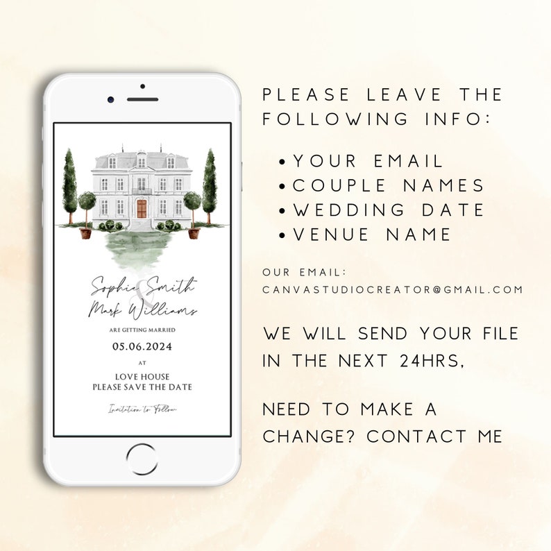 May include: A digital mockup of a wedding invitation on a smartphone screen. The invitation features a watercolor illustration of a white house with green trees and a text overlay that says "Sophie Smith & Mark Williams are getting married at Love House 05.06.2024. Please save the date. Invitation to Follow."