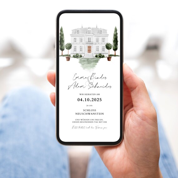 Digitaler Veranstaltungsort Illustration Save the Date in Deutsch, Aquarell Veranstaltungsort, Hochzeit digitale Einladung, Digital einladen