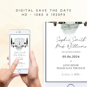 May include: A digital save the date card with a watercolor background and a white house illustration. The text reads "Sophie Smith & Mark Williams are getting married 05.06.2024 at Love House. Please save the date. Invitation to follow."
