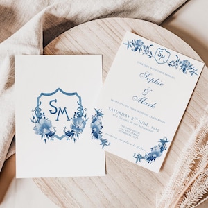 Dusty Blue Wedding Invitation with monogram, Chinoiserie Wedding Invite Suite Template French Floral Vintage Editable canva, wedding crest