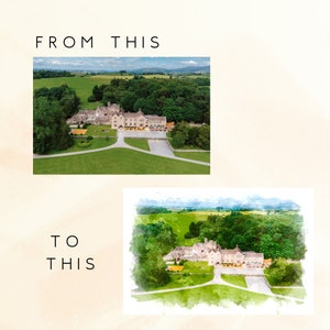 May include: An aerial watercolor painting of a large stone building with a green lawn and trees. The building has a long driveway and a parking lot. The painting is in a light blue and green color scheme.
