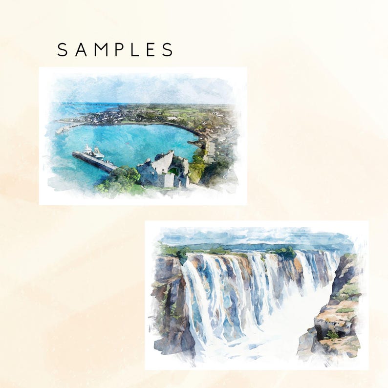 Peut inclure: Deux aquarelles de paysages pittoresques. La premi&egrave;re peinture montre une ville c&ocirc;ti&egrave;re avec une baie bleue et un ch&acirc;teau de pierre. La deuxi&egrave;me peinture montre une cascade qui se pr&eacute;cipite sur une falaise rocheuse.