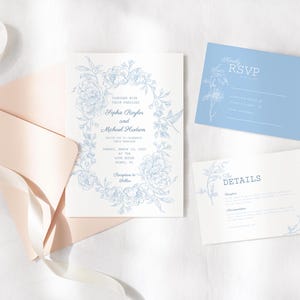 Floral Wedding Invitation Suite: Dusty Blue, Minimalist Design (Digital Download)