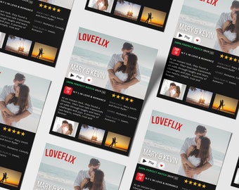 May include: A black and red movie poster with the title "LOVEFLIX" and the words "Mary & Kevin" in white text. The poster features a couple embracing on a beach with a sunset in the background. The poster also includes a five-star rating and the text "100% Perfect Match 2019".