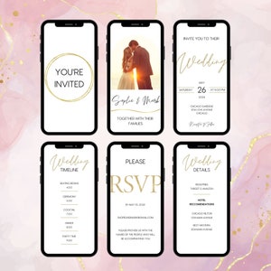 K&ouml;nnte beinhalten: Eine Hochzeitseinladungssuite im rosa-goldenen Design. Die Einladung enth&auml;lt die Namen des Paares, das Hochzeitsdatum, die Uhrzeit und den Ort. Die RSVP-Karte enth&auml;lt die E-Mail-Adresse des Paares und eine Bitte an die G&auml;ste, die Namen aller Personen anzugeben, die sie begleiten. Die Karte mit dem Zeitplan der Hochzeit listet die Zeiten f&uuml;r die Platzierung, die Zeremonie, die Cocktailstunde, das Abendessen und die Partyzeit auf. Die Karte mit den Hochzeitsdetails enth&auml;lt Informationen zur Registrierung und Hotelempfehlungen.
