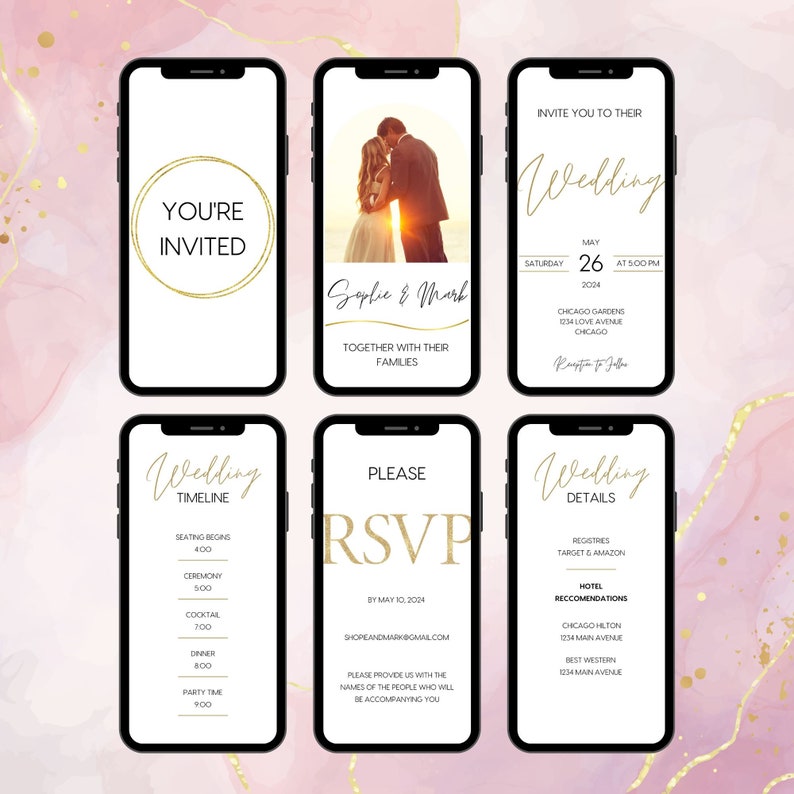 K&ouml;nnte beinhalten: Eine Hochzeitseinladungssuite im rosa-goldenen Design. Die Einladung enth&auml;lt die Namen des Paares, das Hochzeitsdatum, die Uhrzeit und den Ort. Die RSVP-Karte enth&auml;lt die E-Mail-Adresse des Paares und eine Bitte an die G&auml;ste, die Namen aller Personen anzugeben, die sie begleiten. Die Karte mit dem Zeitplan der Hochzeit listet die Zeiten f&uuml;r die Platzierung, die Zeremonie, die Cocktailstunde, das Abendessen und die Partyzeit auf. Die Karte mit den Hochzeitsdetails enth&auml;lt Informationen zur Registrierung und Hotelempfehlungen.
