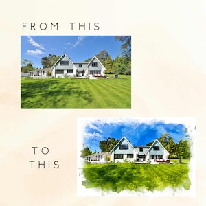 May include: A watercolor painting of a two-story house with a green lawn and blue sky. The house has a light blue exterior with white trim and a white roof. There are trees in the background.