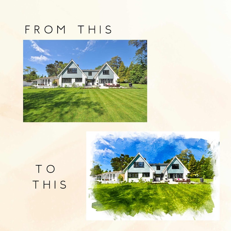 May include: A watercolor painting of a two-story house with a green lawn and blue sky. The house has a light blue exterior with white trim and a white roof. There are trees in the background.