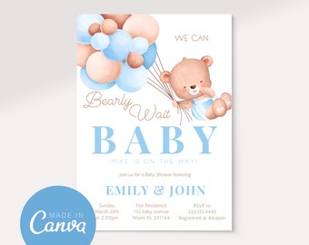 Editable Cute Bear Balloon Baby Shower Invitation, We Can Bearly Wait Baby Shower Invite, Blue Boy Boho Bear Baby Shower, Canva Template