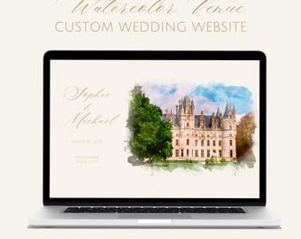 May include: A laptop screen displaying a watercolour illustration of a castle with a blue sky and green trees. The text "Sophie & Michael" is displayed above the image, along with the date "March 05, 2023". The text "Venue Name Place, City" is displayed below the image.