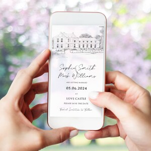 Puede incluir: Un anuncio digital de guardar la fecha para una boda. El anuncio presenta un boceto en blanco y negro de un castillo con el texto "Sophie Smith & Mark Williams se casan el 05.06.2024 en el Castillo del Amor. Por favor, guarda la fecha. Invitación formal a seguir."