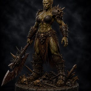 May include: A detailed green-skinned orc warrior figurine standing on a circular base with skulls. The figure wears dark, spiked armor with skull motifs, holds a large, jagged battle axe, and has a muscular build with hair tied in a high ponytail.