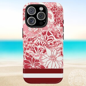 May include: A phone case with a floral pattern in shades of red, pink, and white. The case has a red and white striped band at the bottom. The phone's camera lenses are visible at the top.