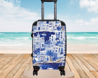 Santorini Suitcase, Hard Side Luggage, Roller Suitcase w/Spinner Wheels, Integrated Lock, Vacation Luggage, Tropical Suitcase, Carry On