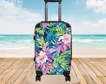 Playa Hermosa Suitcase, Hard Side Luggage, Roller Suitcase w/Spinner Wheels, Integrated Lock, Vacation Luggage, Tropical Suitcase, Carry On
