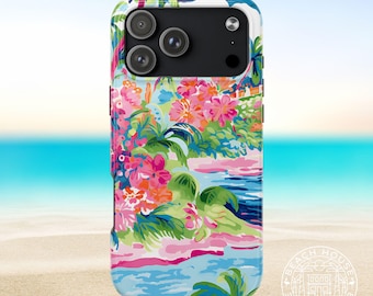 Capa resistente Laguna para iPhone | Capa vibrante e tropical para celular | Modelos de iPhone 11-17, Pro, Pro Max, Air, Plus