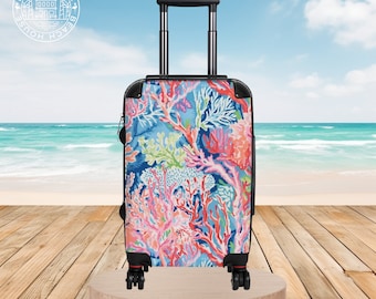 Trunk Bay Suitcase, Hard Side Luggage, Roller Suitcase w/Spinner Wheels, Integrated Lock, Vacation Luggage, Tropical Suitcase, Carry On