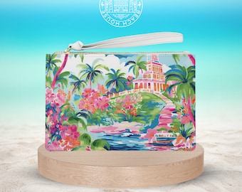 Bolsa clutch Laguna, clutch floral, bolsa clutch tropical, bolsa floral, bolsa tropical, pulseira para iphone, bolsa de pulseira, bolsa com zíper, carteira
