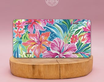 パーソナライズされた金属製の化粧台、トロピカルナンバープレート、カスタム化粧台、かわいい車のアクセサリー、車のギフト、花柄の車のプレート、フレームセット1