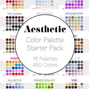 Pode incluir: Pacote inicial de paleta de cores estéticas com 15 paletas e 450 cores. Cada paleta apresenta 30 amostras de cores. As paletas incluem Applecore, Coquette, Cybercore, Dark Academia, Disco Cowgirl, Dreamcore, Fairycore, Harajuku e mais.