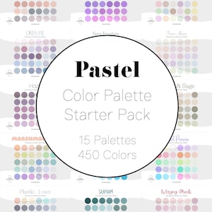Pode incluir: Um pacote inicial de paleta de cores pastel com 15 paletas e 450 cores. A imagem exibe várias amostras de cores, incluindo "Cloudcore", "Cotton Candy" e "Wispy Pink". O texto central diz "Pastel Color Palette Starter Pack."