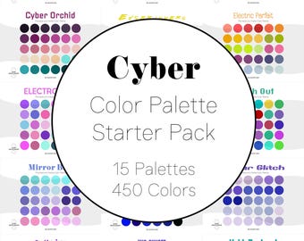 Paletas de colores de ciencia ficción con estética Cyberpunk Y2K para Procreate y Adobe: paquete de inicio con archivos ASE, códigos hexadecimales, muestras y páginas para colorear.